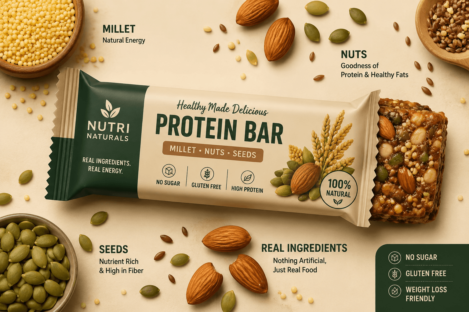 True Pōshan Protein Bar – Millet, Nuts & Seeds, No Sugar, Gluten Free