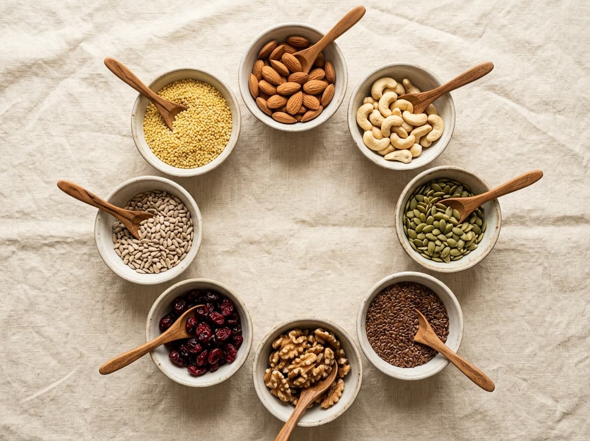 True Pōshan ingredients — millets, almonds, cashews, pumpkin seeds, flax seeds, walnuts